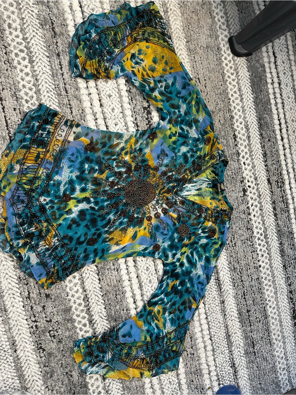 Boho Print Sheer Long-Sleeve Top in Teal and Yellow